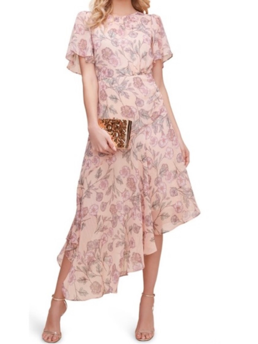 Astr Pink Floral Asymmetrical Midi Dress